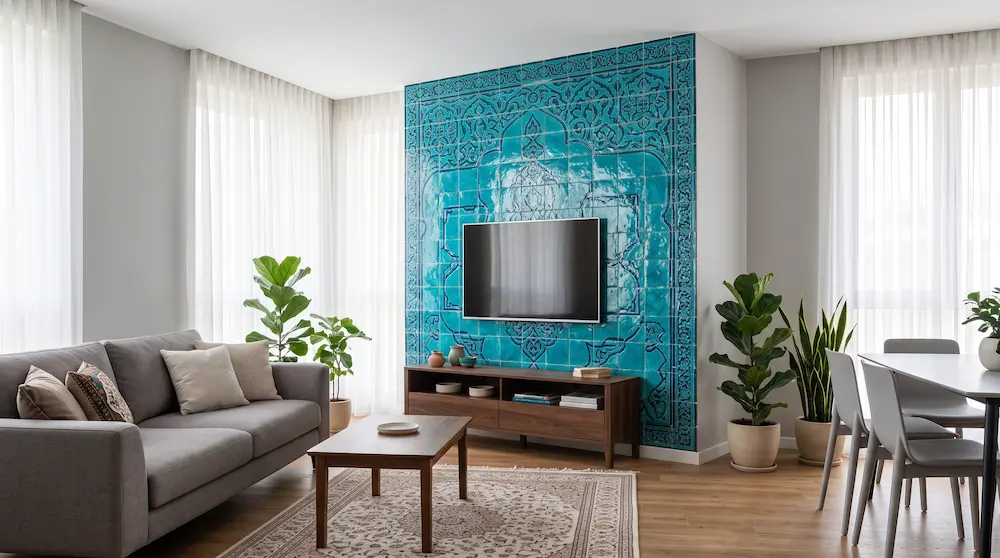 دیوار شاخص (Accent Wall) فیروزه‌ای یا آجری